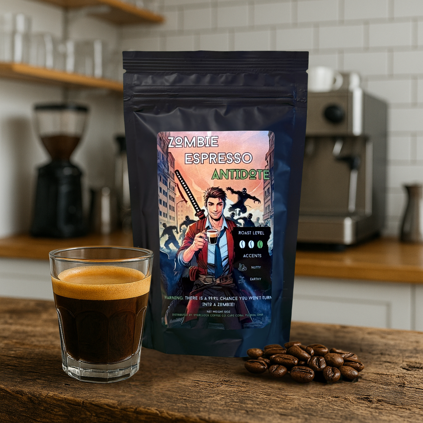 Overclock Coffee artisan espresso blend with a shot of espresso on a coffee bar