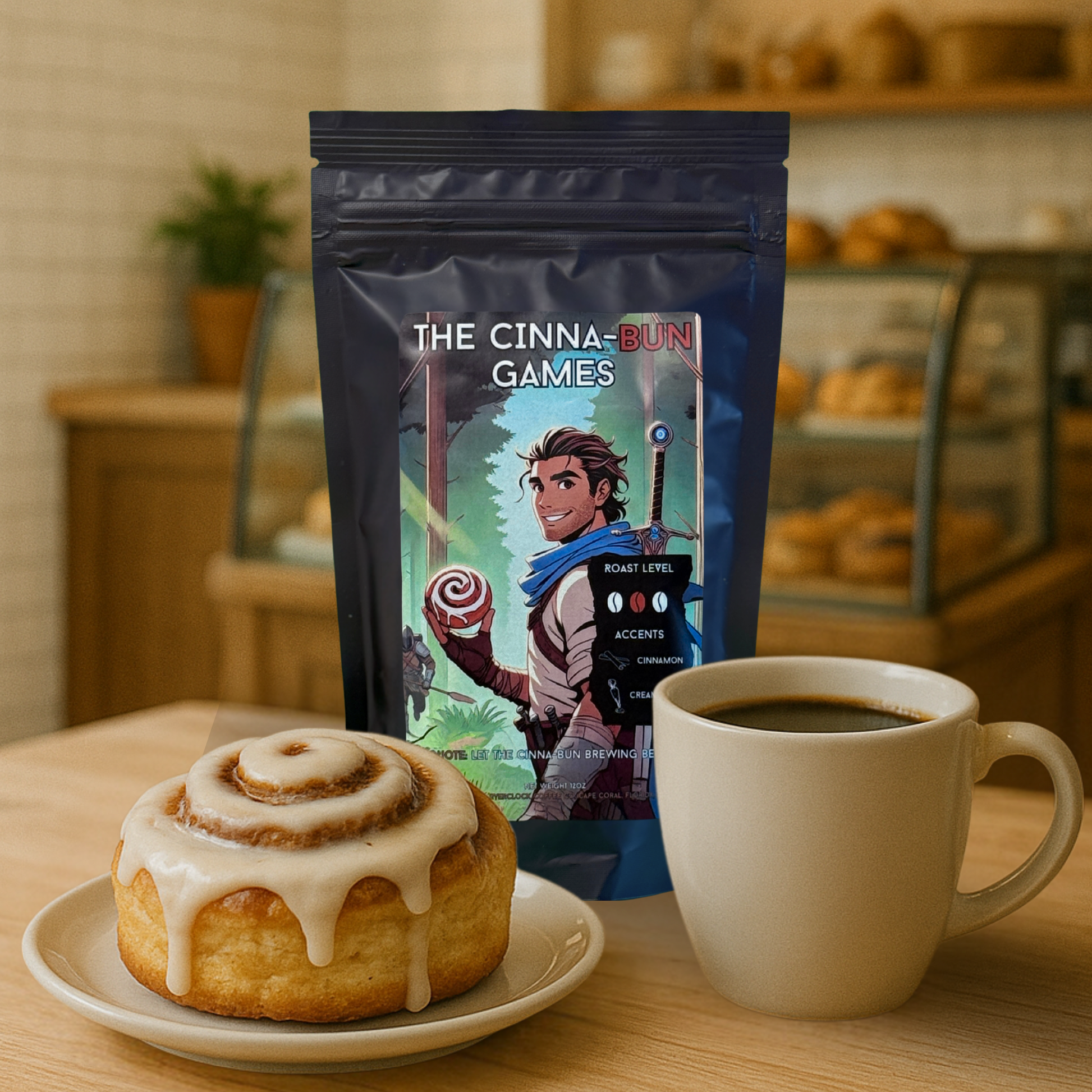 Overclock coffee cinnamon bun flavored coffee on a pastry shop with a cinnamon bun and a cup of coffee