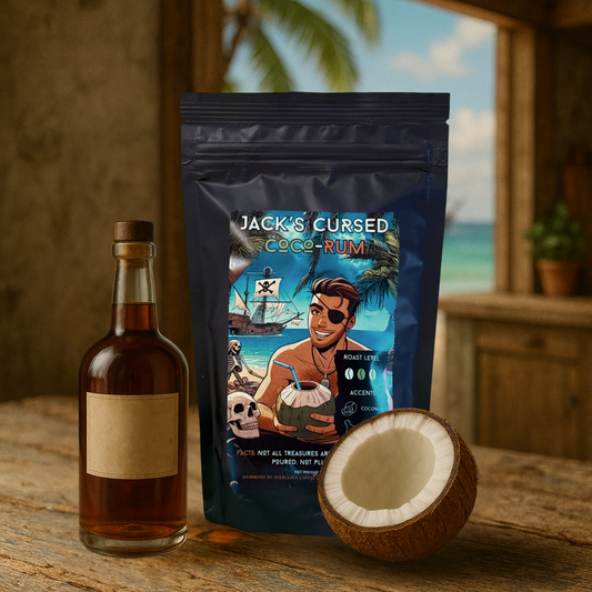 Overclock coffee coconut rum flavored coffee with a bottle of rum and a coconut in a caribbean beach house