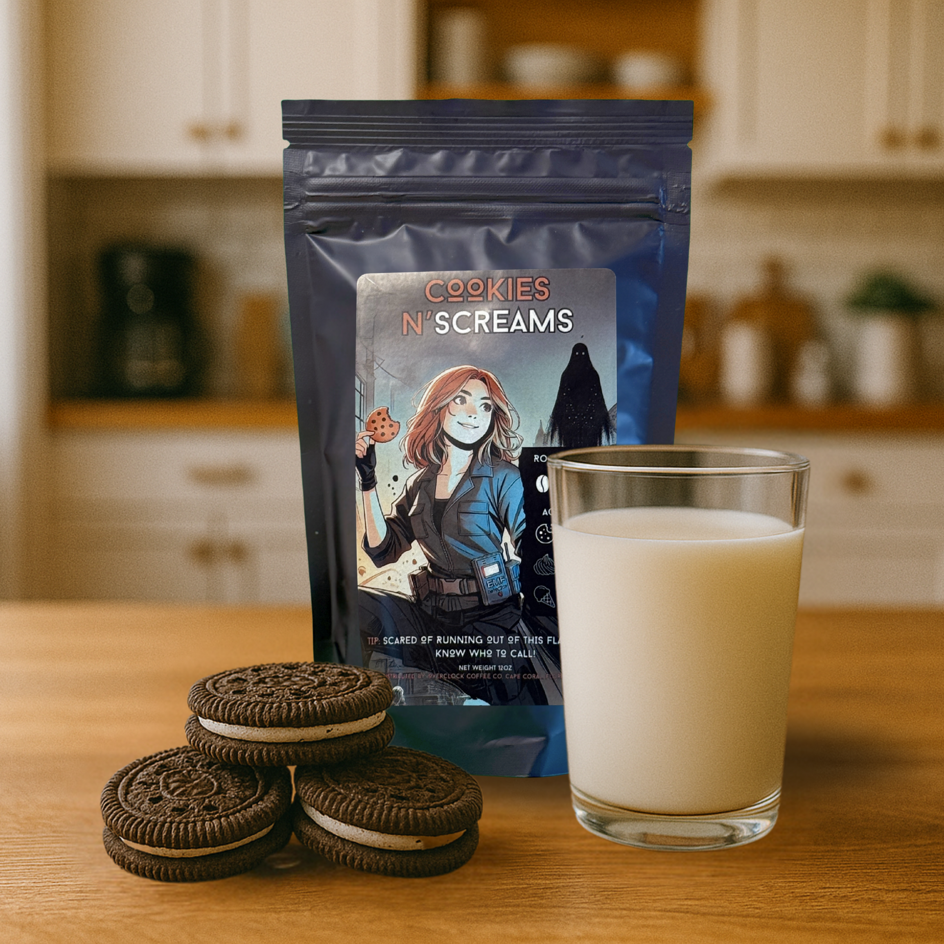 Overclock coffee cookies and cream flavored coffee with a glass of milk and cookies on a nice kitchen