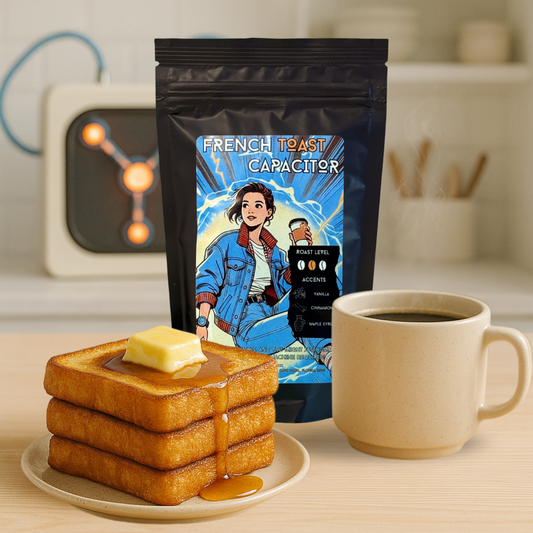 Overclock Coffee French toast flavor coffee with french toast and a cup of coffee in a white kitchen with a flux capacitor on the back