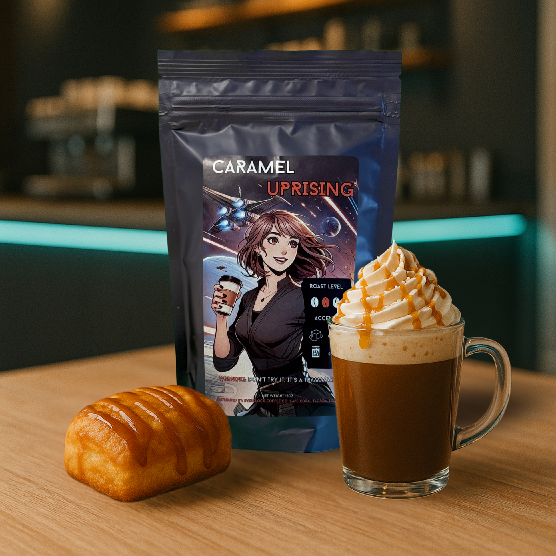 Overclock coffee salted caramel coffee on a modern coffee bar with a cup of caramel frappe