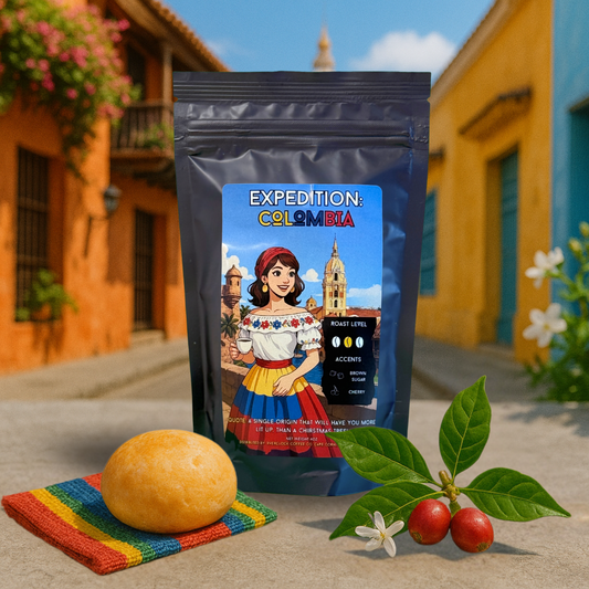 Overclock coffee single origin Colombia expedition with a pan de bono and coffee beans in cartagena