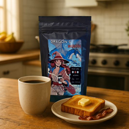Overclock Coffee Morning blend iwth a cup of coffee and a light breakfast with bacon